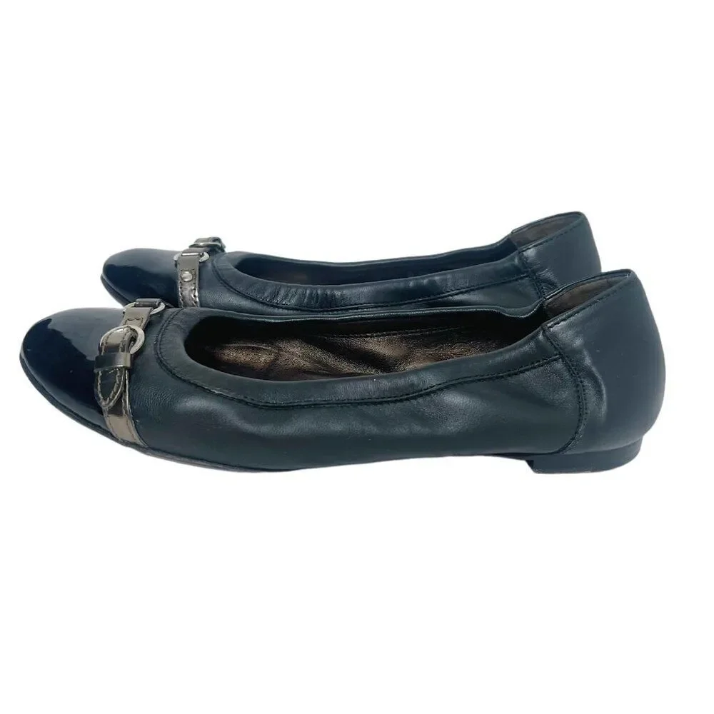 AGL Monika Cap Toe Ballet Flat Black Leather Bronze Buckle Women's Size 9.5